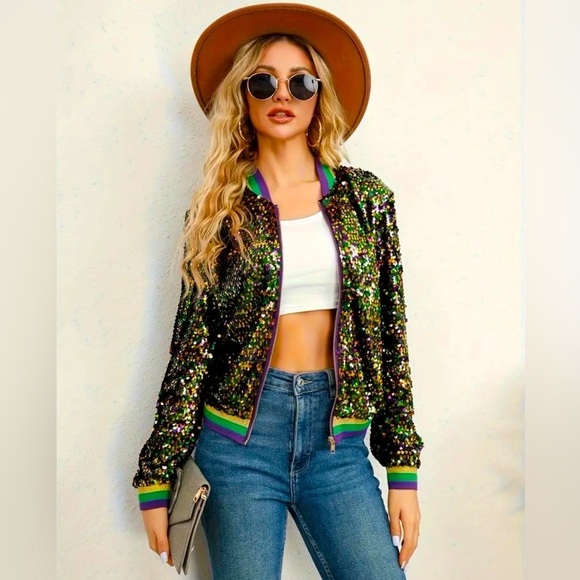 Mardi Gras Sequin Bomber Jacket - Picture 2 of 7